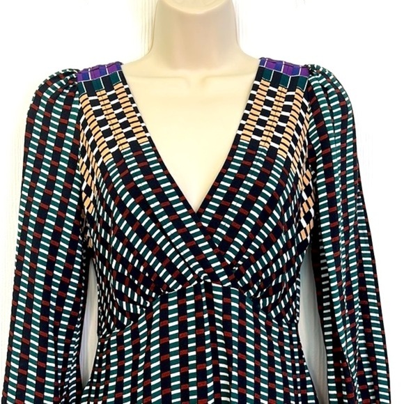 Anthropology - Maeve Checkered Colorful VNeck Long Sleeve Midi Dress Size 0 - Picture 3 of 13